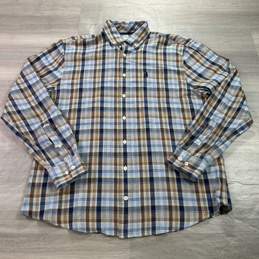 Johnnie-O Shirt Mens Medium Blue Brown Plaid‎ Hangin Out Button Down Casual